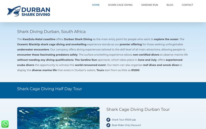 Екранна снимка на durbansharkdiving.co.za