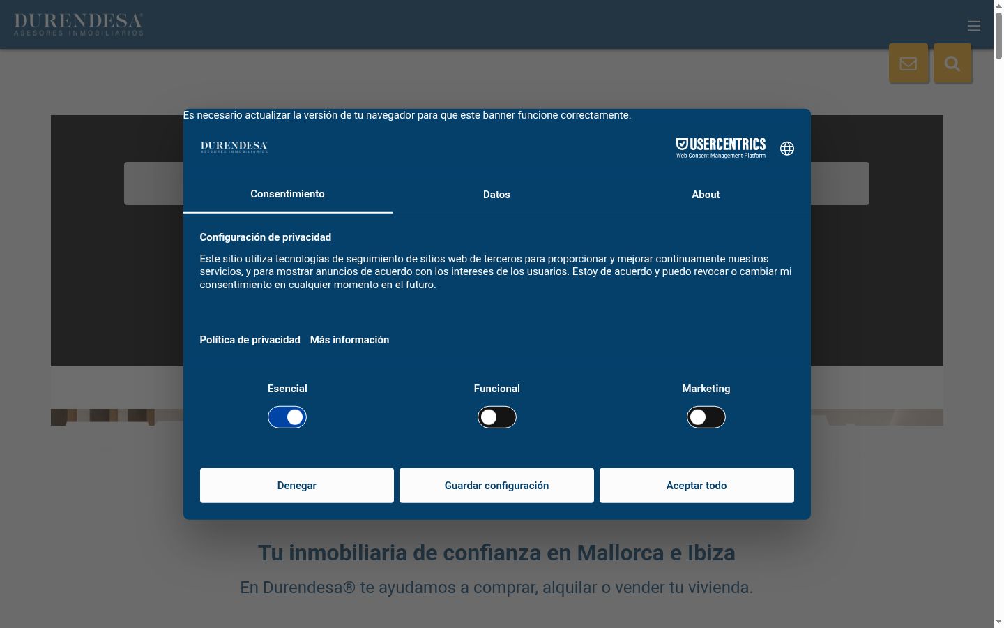 Screenshot del banner di consenso mostrato prima di qualsiasi interazione