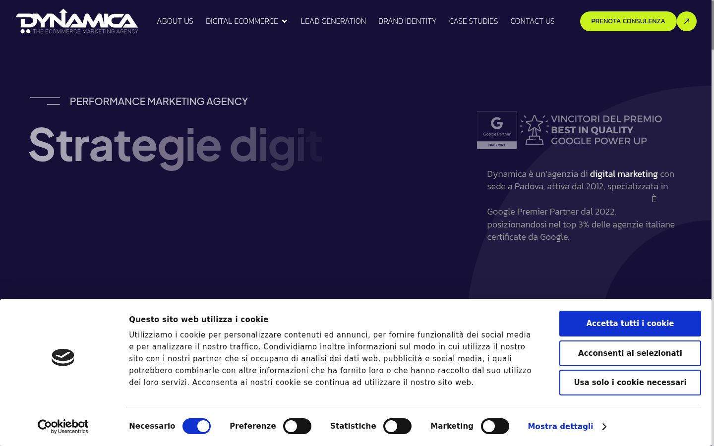 Screenshot del banner di consenso mostrato prima di qualsiasi interazione
