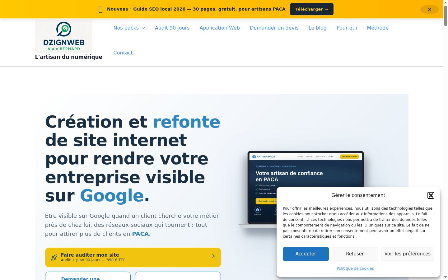 Captura de ecrã do banner de consentimento apresentado antes de qualquer interação