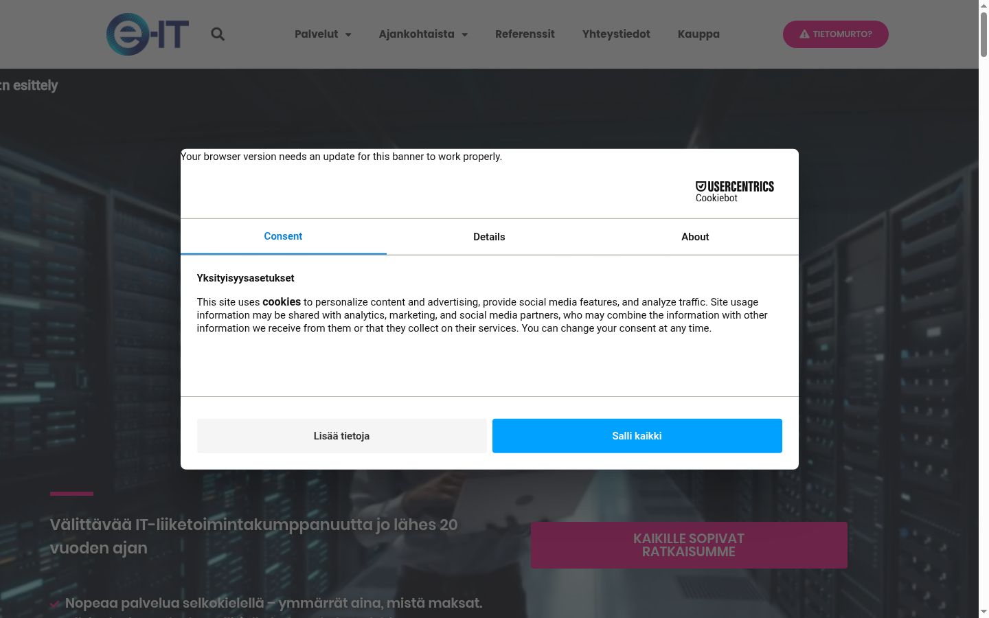 Snímek obrazovky baneru souhlasu zobrazeného před jakoukoli interakcí
