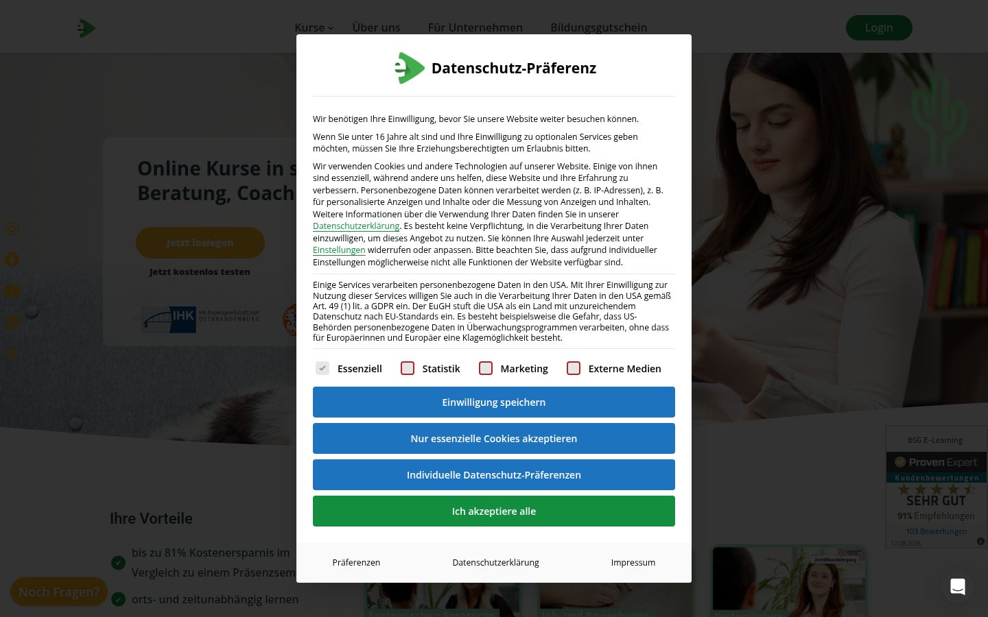 Snimka zaslona bannera za privolu prikazanog prije bilo kakve interakcije