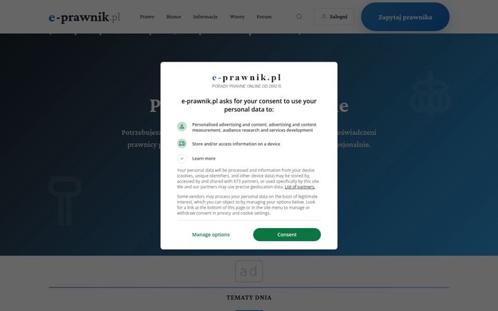 Kuvakaappaus sivustosta e-prawnik.pl