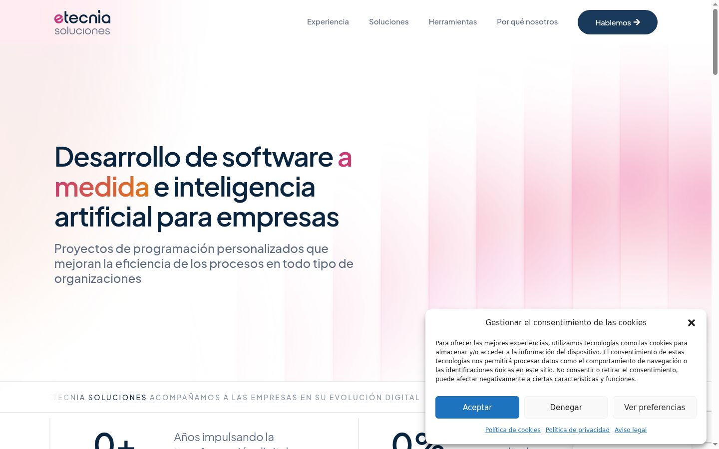 Captura de pantalla del banner de consentimiento mostrado antes de cualquier interacción