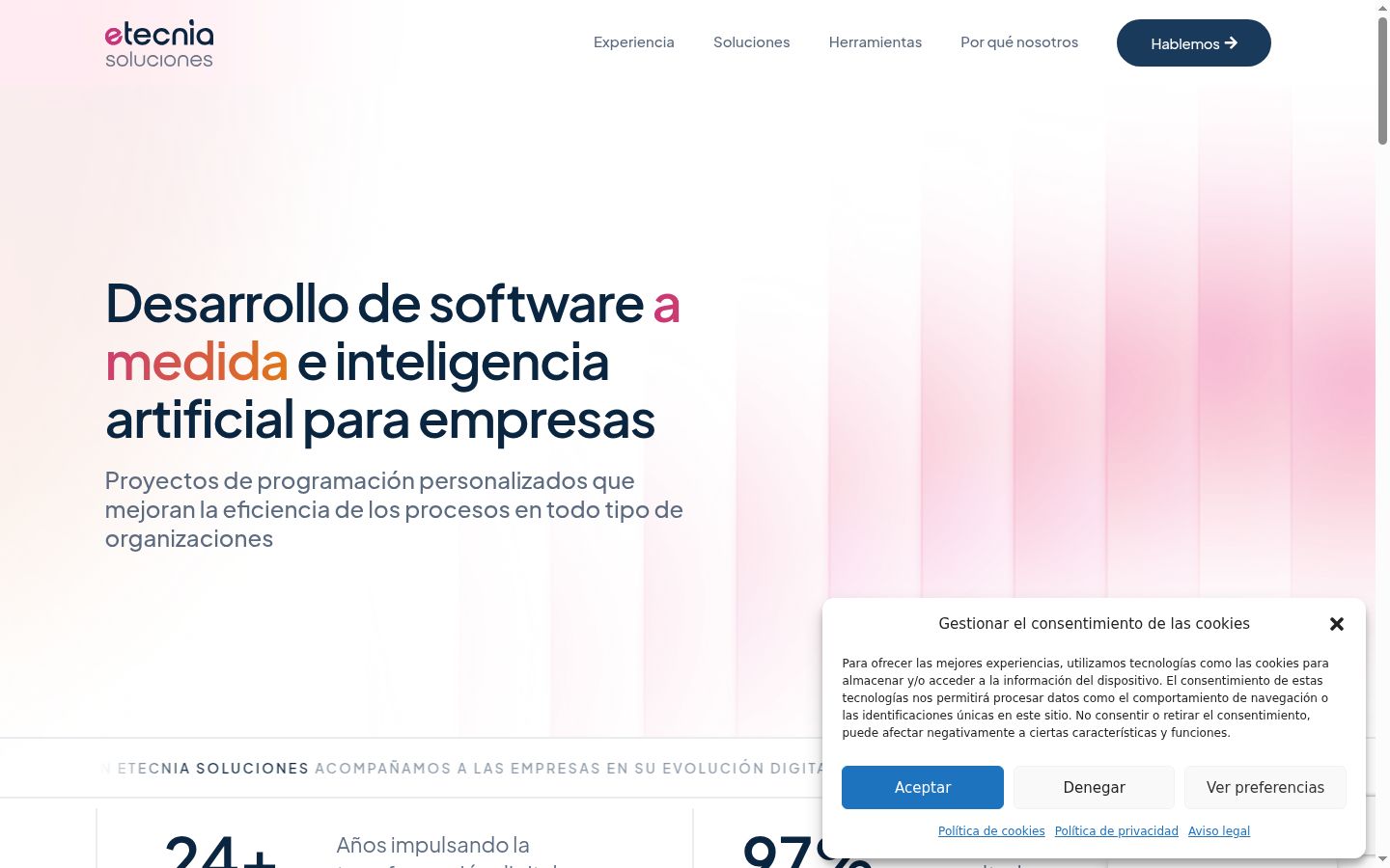 Captura de pantalla del banner de consentimiento mostrado antes de cualquier interacción