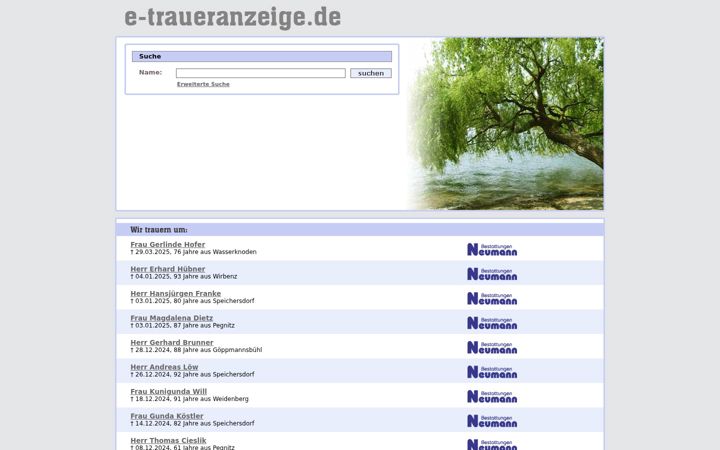 Screenshot of e-traueranzeige.de