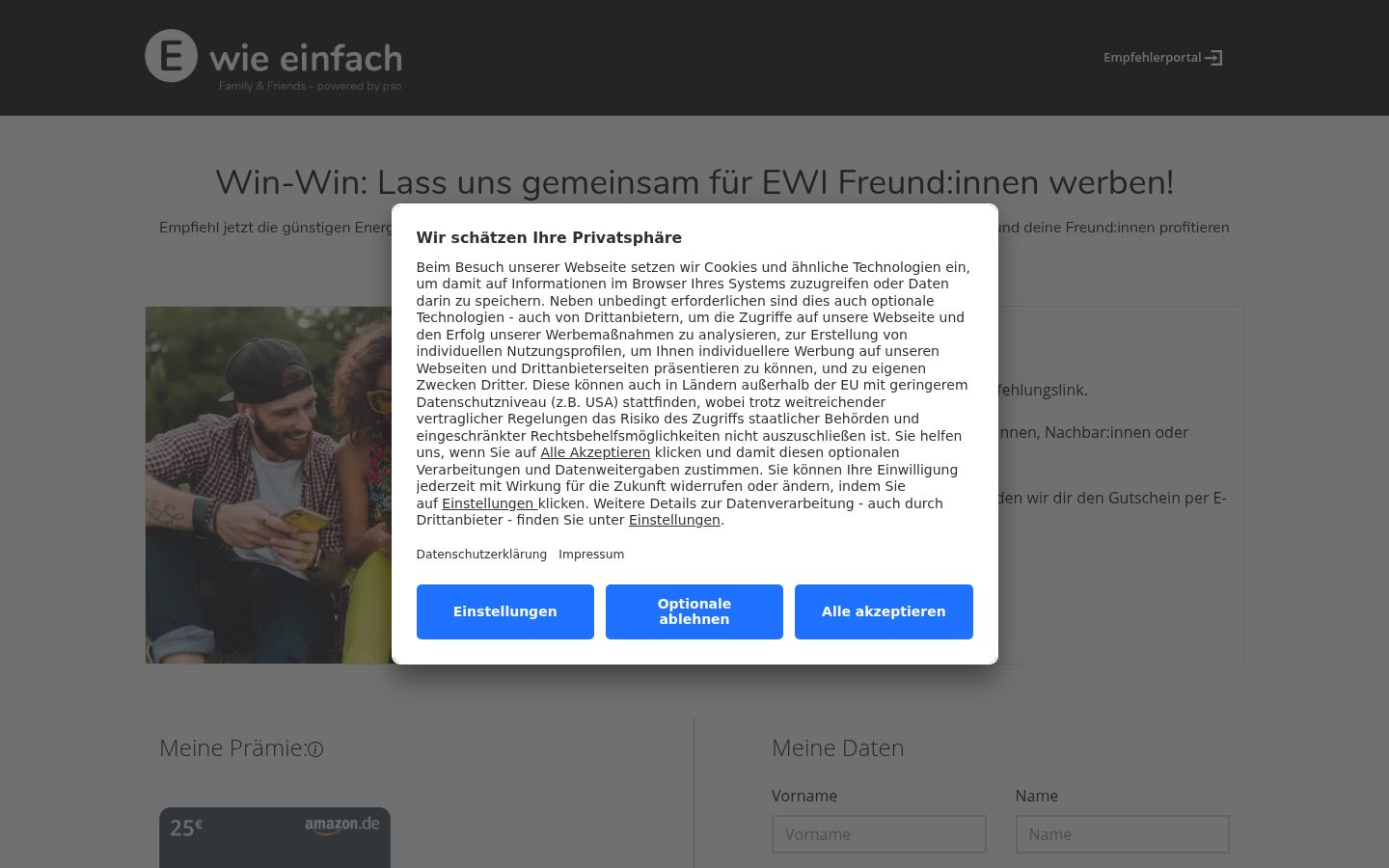 Screenshot des Einwilligungsbanners vor jeglicher Interaktion