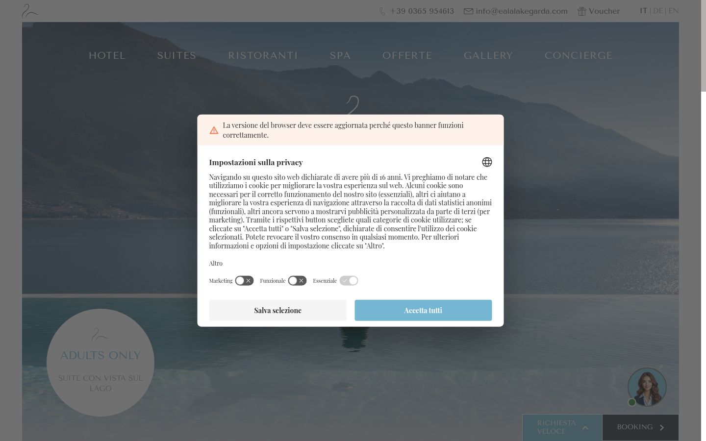 Screenshot del banner di consenso mostrato prima di qualsiasi interazione