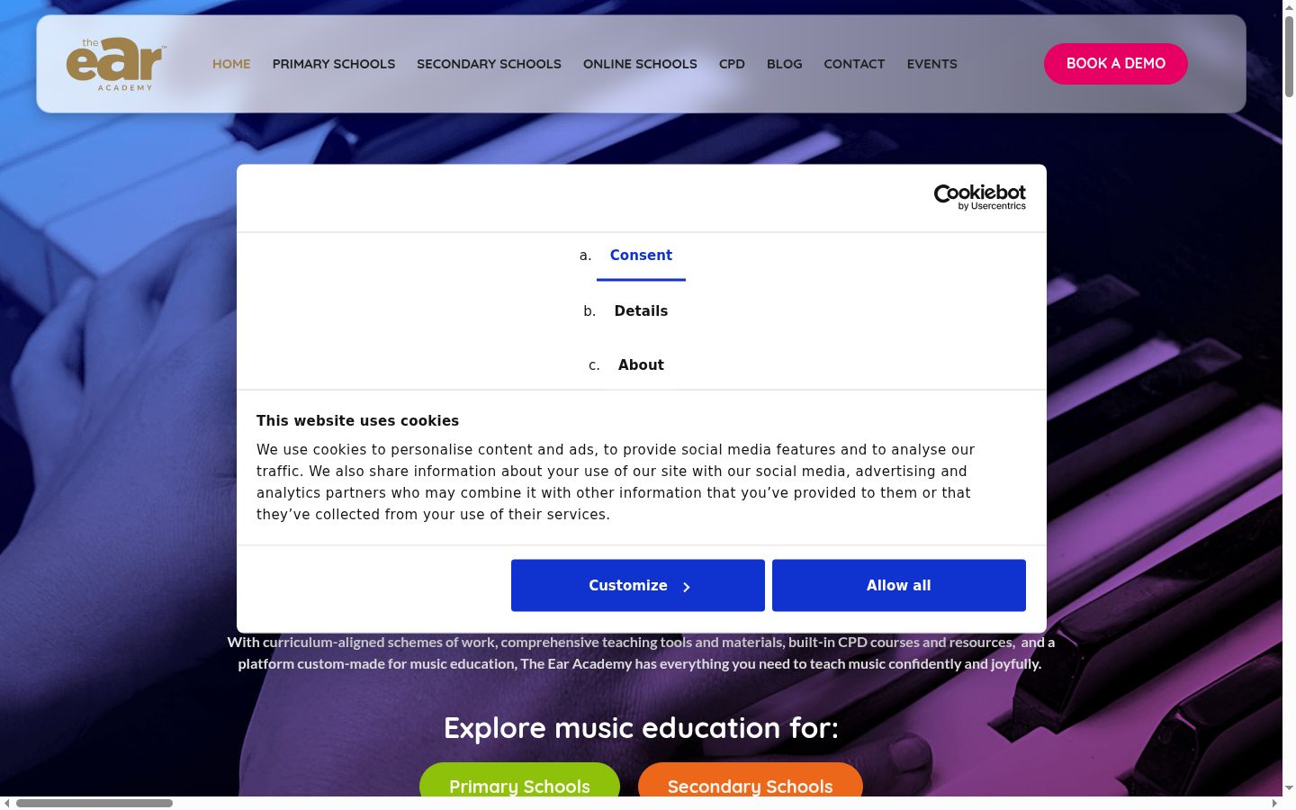 Screenshot del banner di consenso mostrato prima di qualsiasi interazione