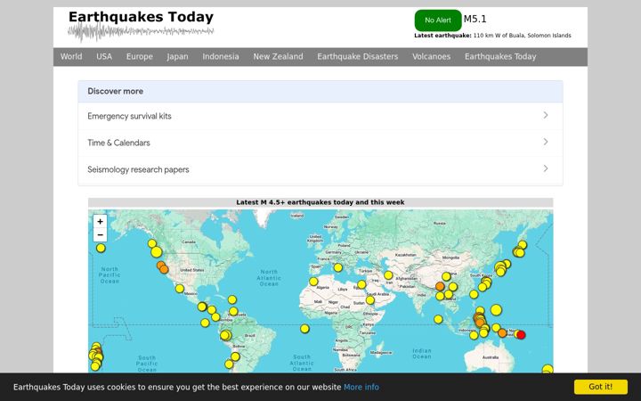 Screenshot von earthquakestoday.info