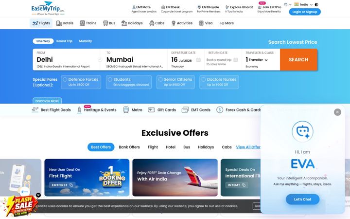 Captură de ecran a easemytrip.com