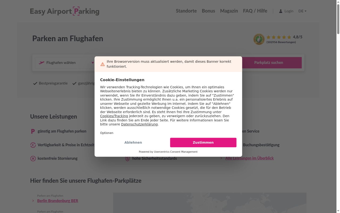 Screenshot des Einwilligungsbanners vor jeglicher Interaktion