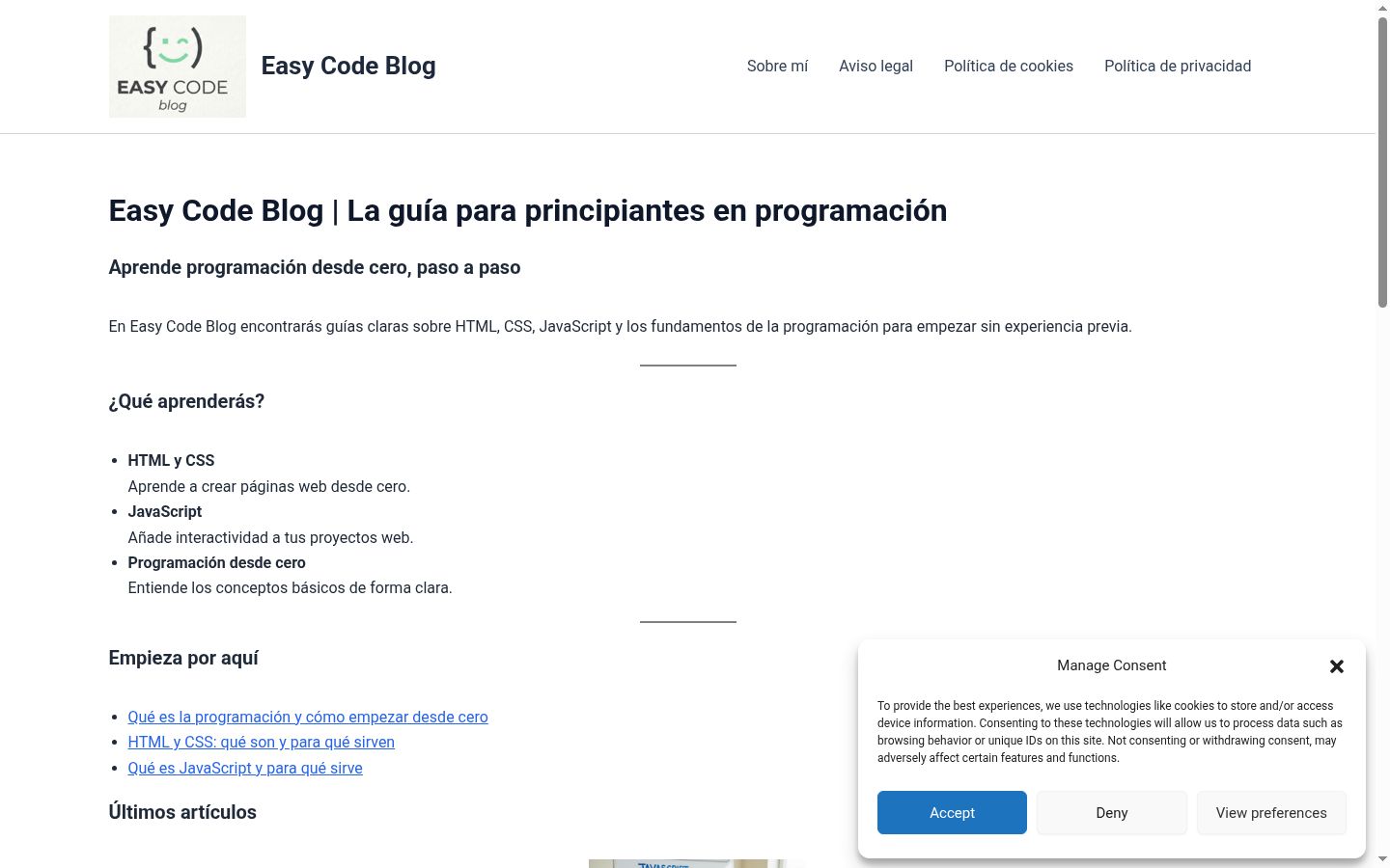 Captura de ecrã do banner de consentimento apresentado antes de qualquer interação