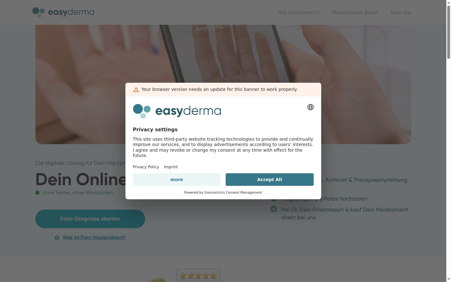 Sutikimo reklamjuostės, rodytos prieš bet kokią sąveiką, ekrano kopija
