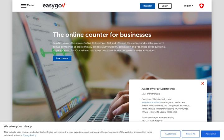 Screenshot of easygov.swiss