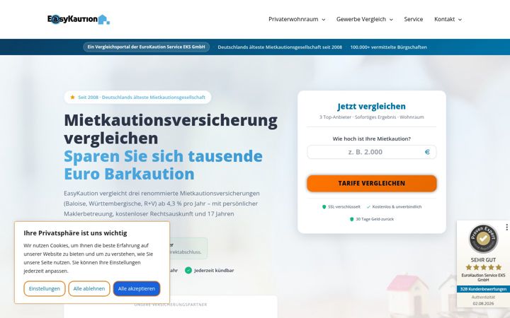 Kuvakaappaus sivustosta easykaution.de