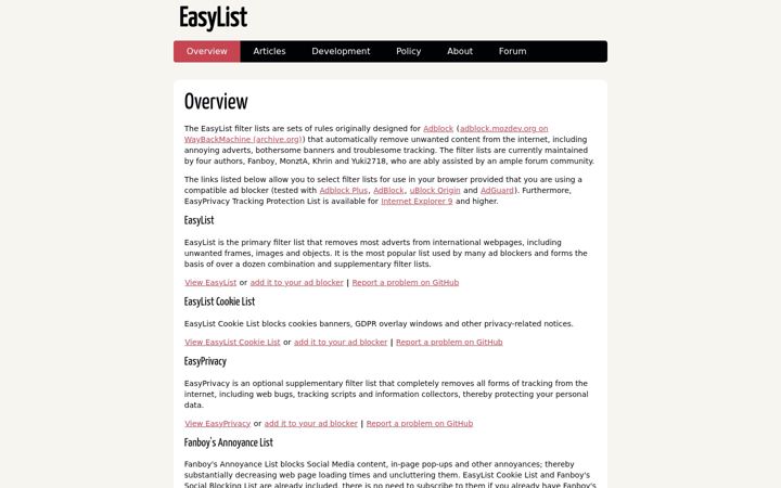 Screenshot ta' easylist.to