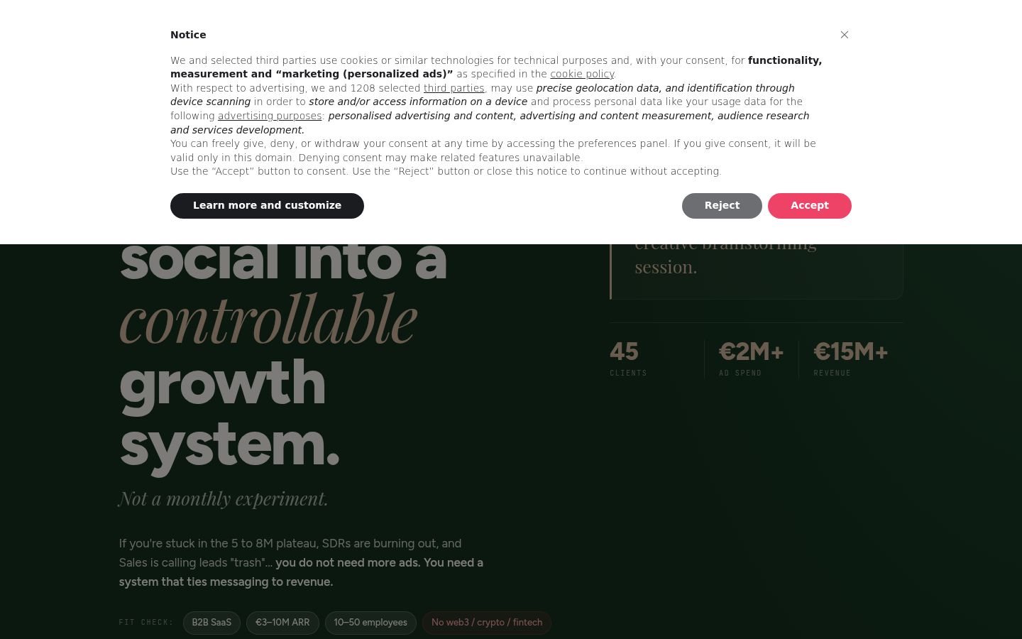 Screenshot del banner di consenso mostrato prima di qualsiasi interazione