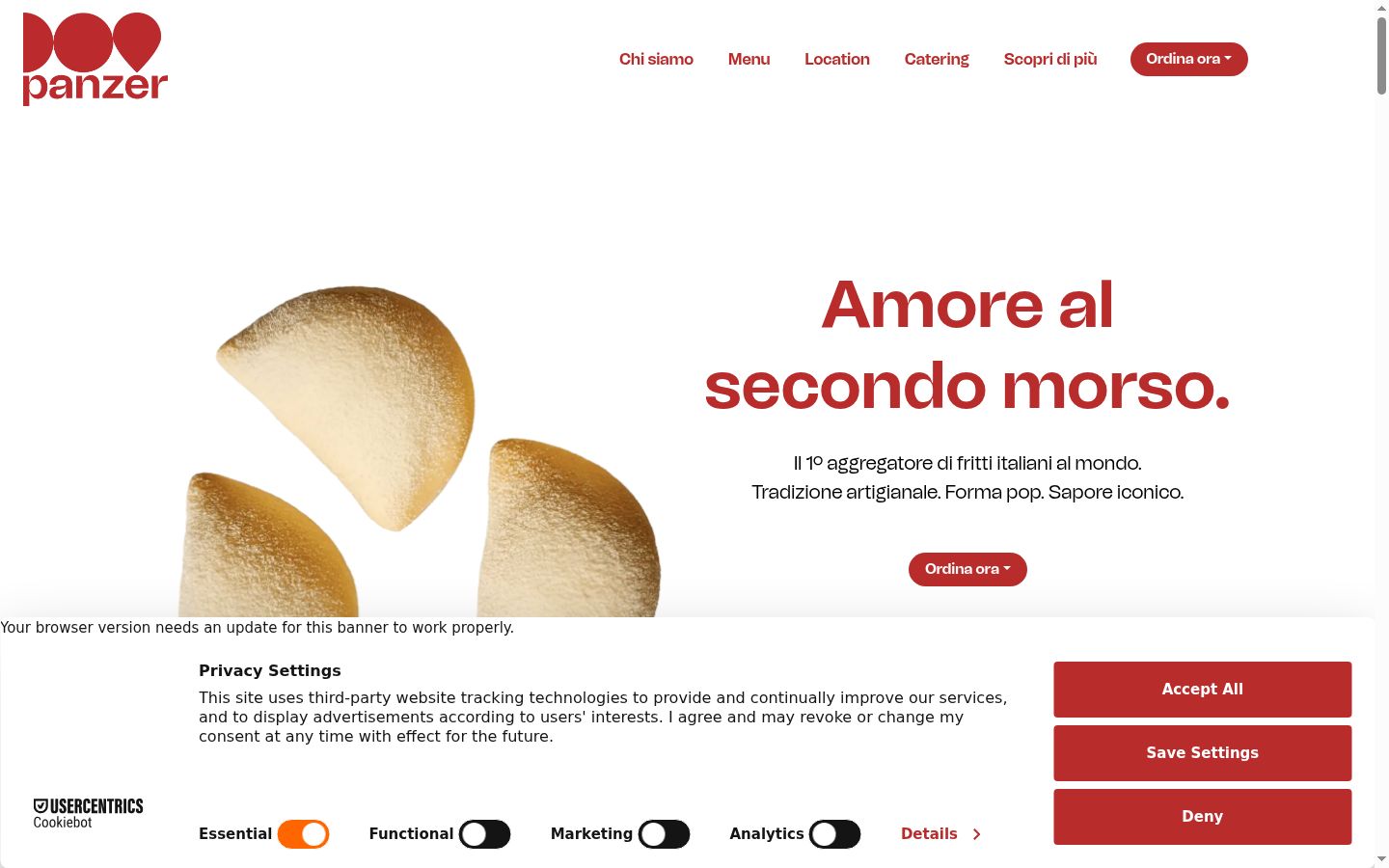 Screenshot del banner di consenso mostrato prima di qualsiasi interazione