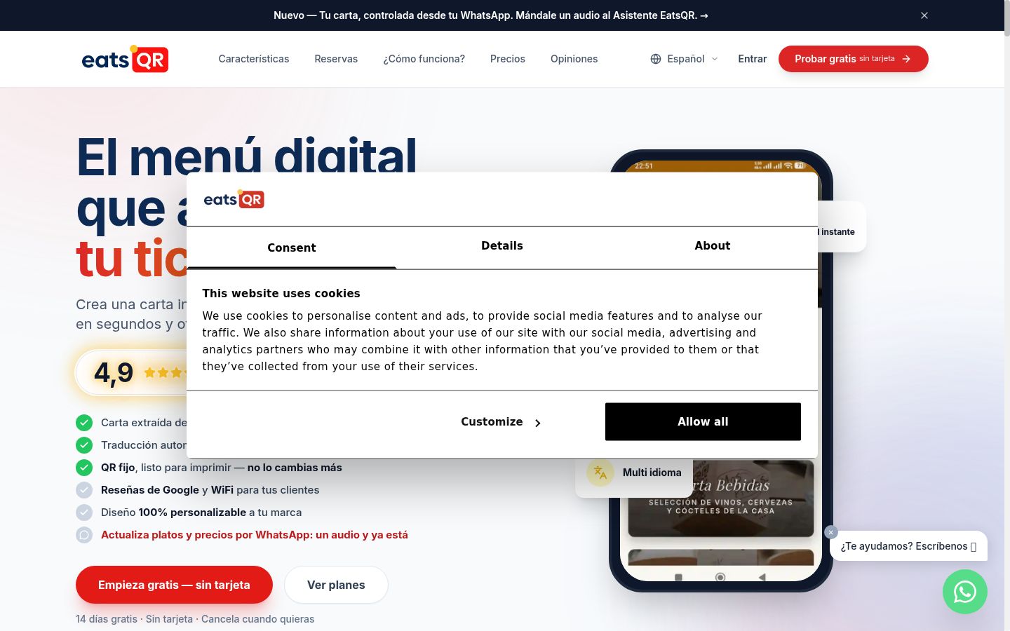 Screenshot del banner di consenso mostrato prima di qualsiasi interazione