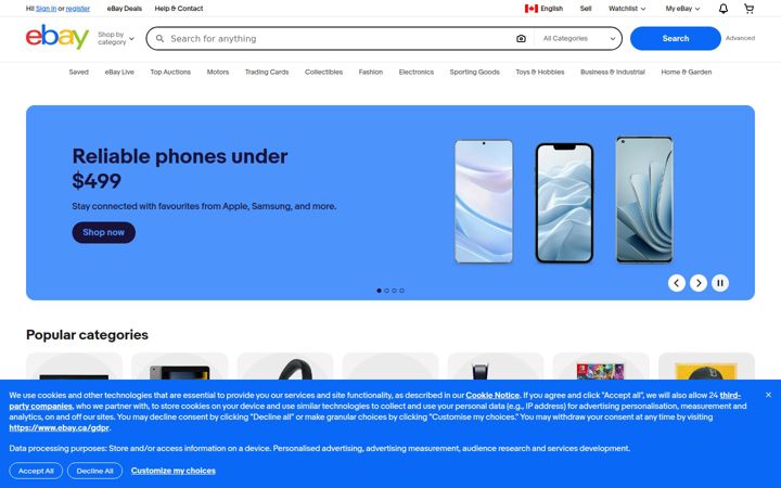 Екранна снимка на ebay.ca