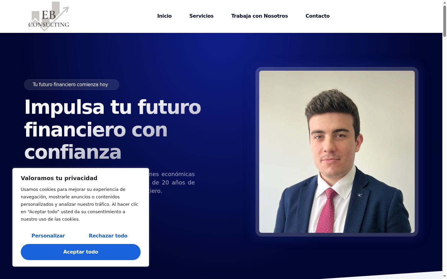 Captura de pantalla del banner de consentimiento mostrado antes de cualquier interacción
