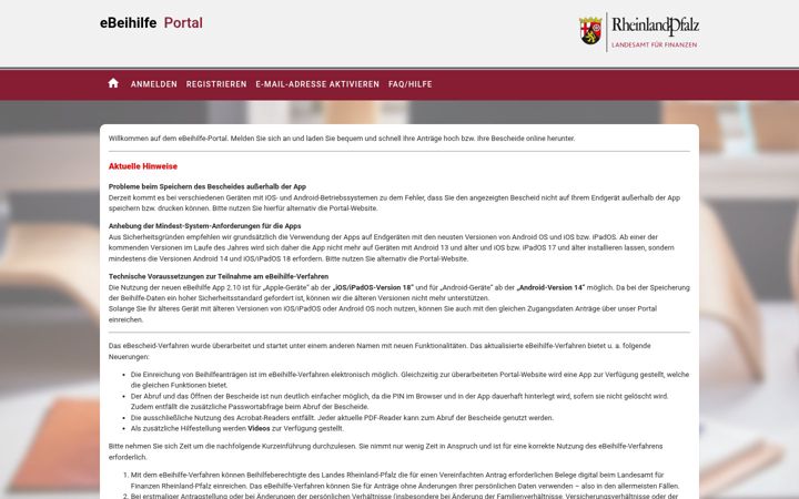 Screenshot of ebeihilfe.rlp.de