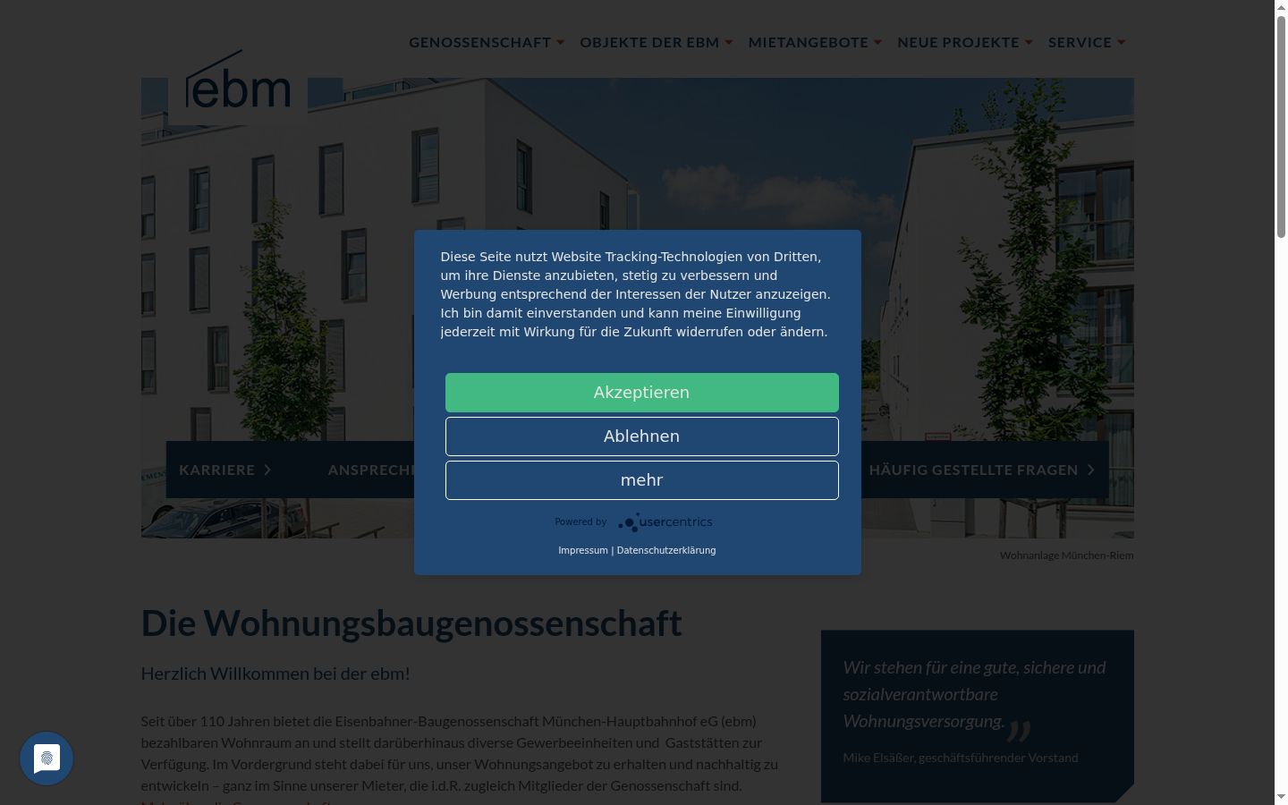 Screenshot des Einwilligungsbanners vor jeglicher Interaktion