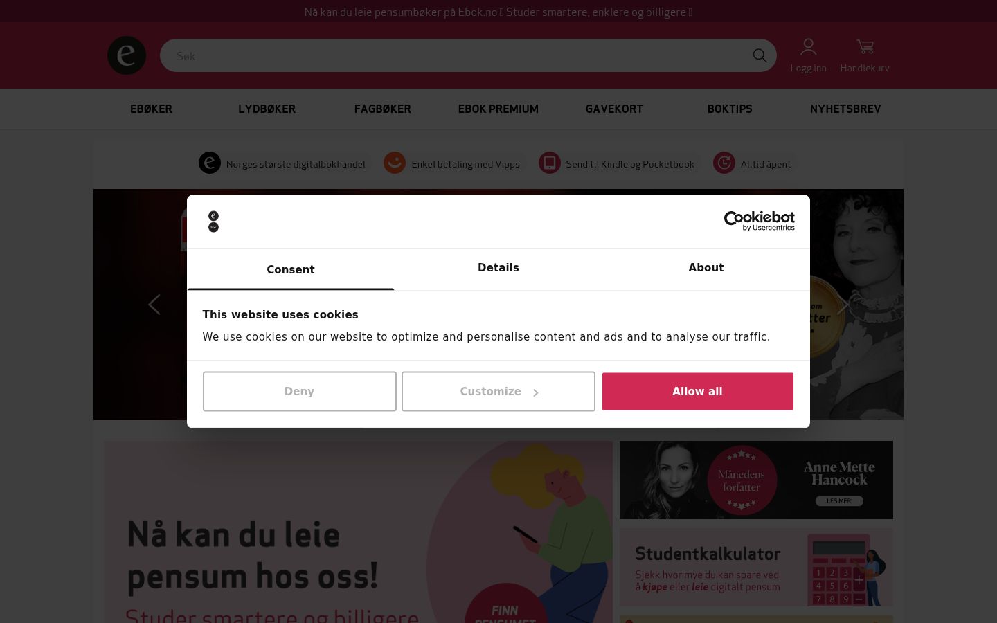 Skärmbild av samtyckesbannern som visades före någon interaktion