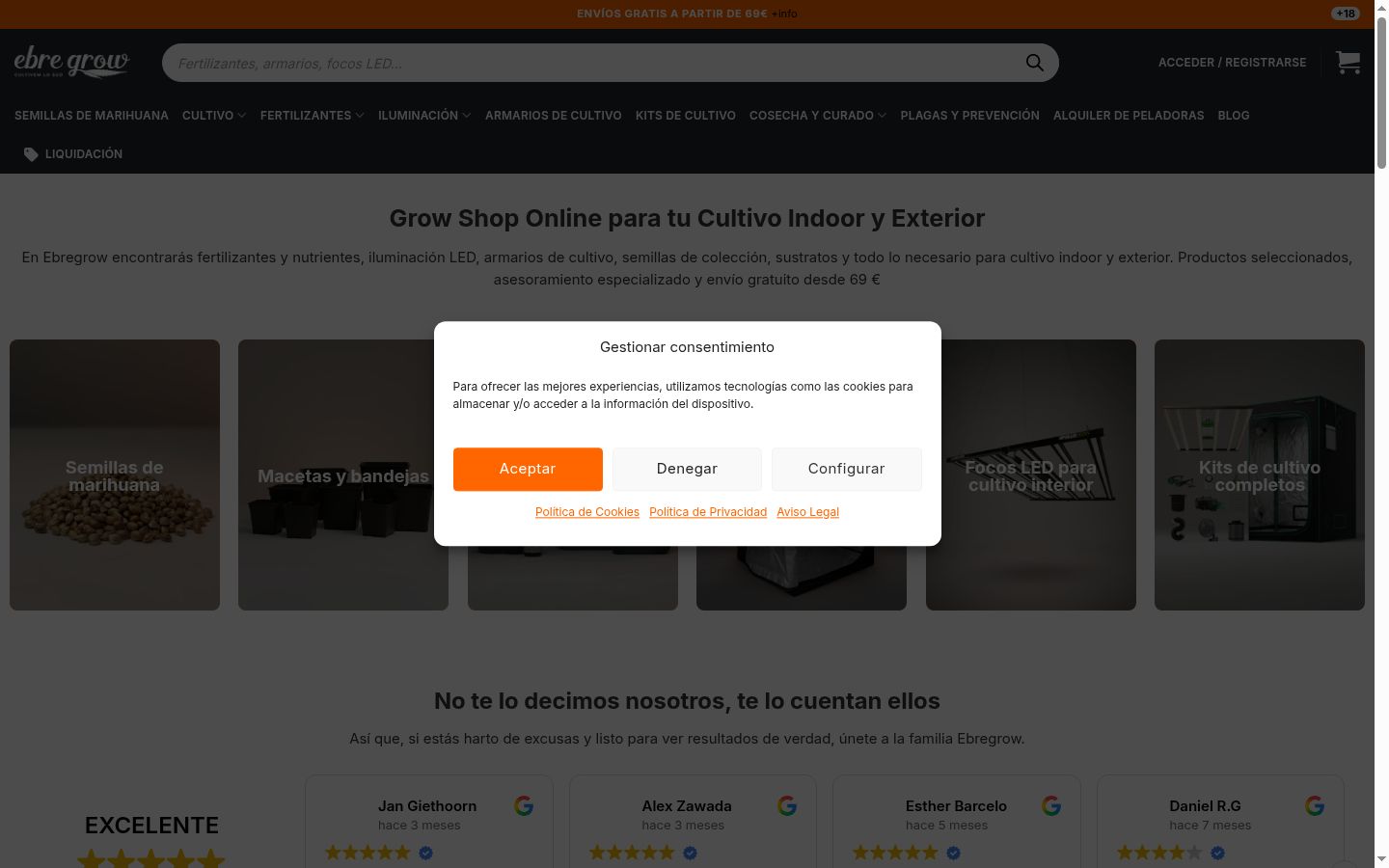 Captura de pantalla del banner de consentimiento mostrado antes de cualquier interacción