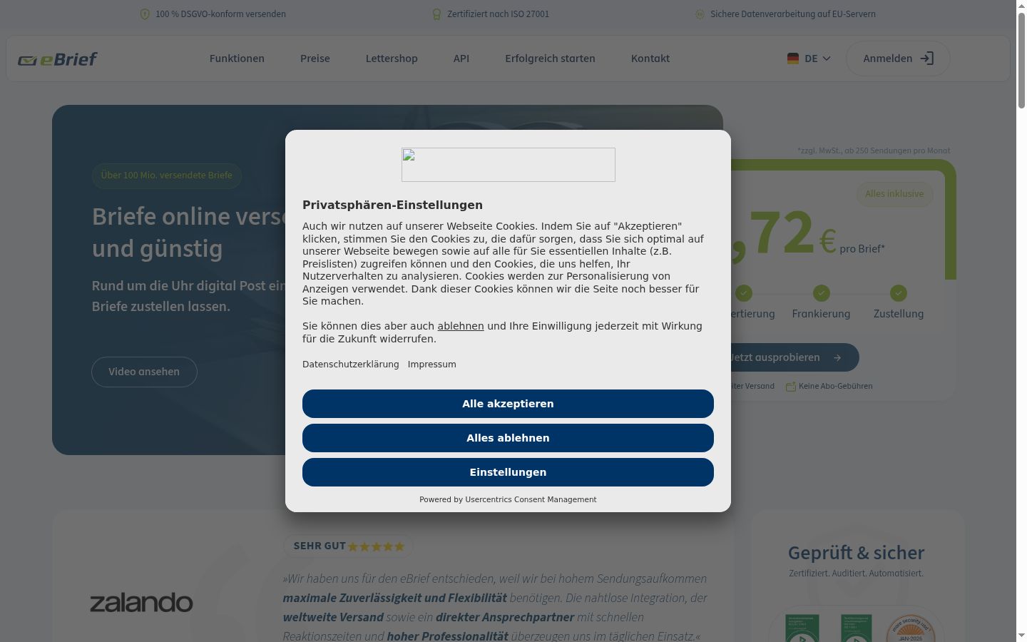 Screenshot van de toestemmingsbanner zoals getoond vóór enige interactie