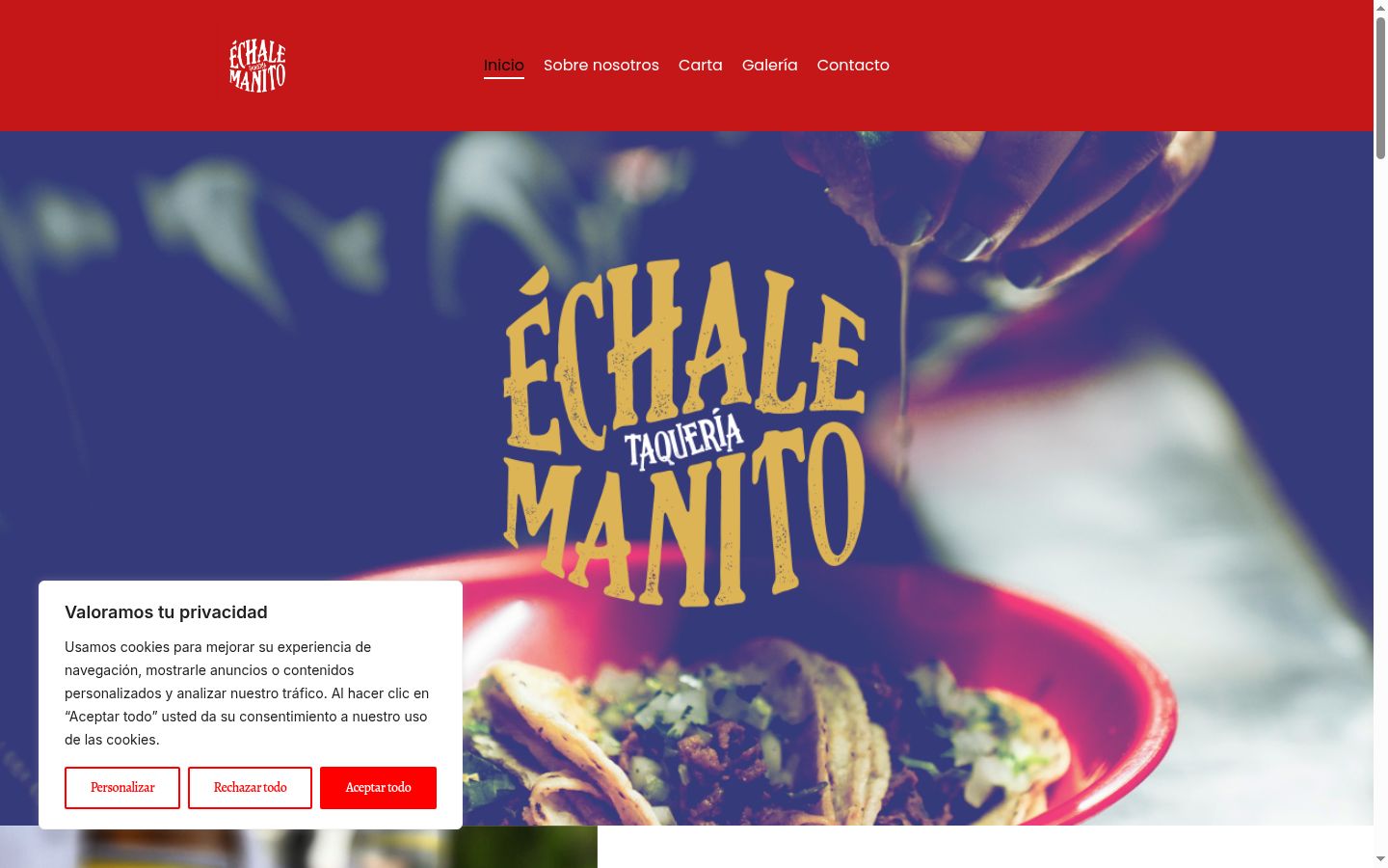 Captura de pantalla del banner de consentimiento mostrado antes de cualquier interacción