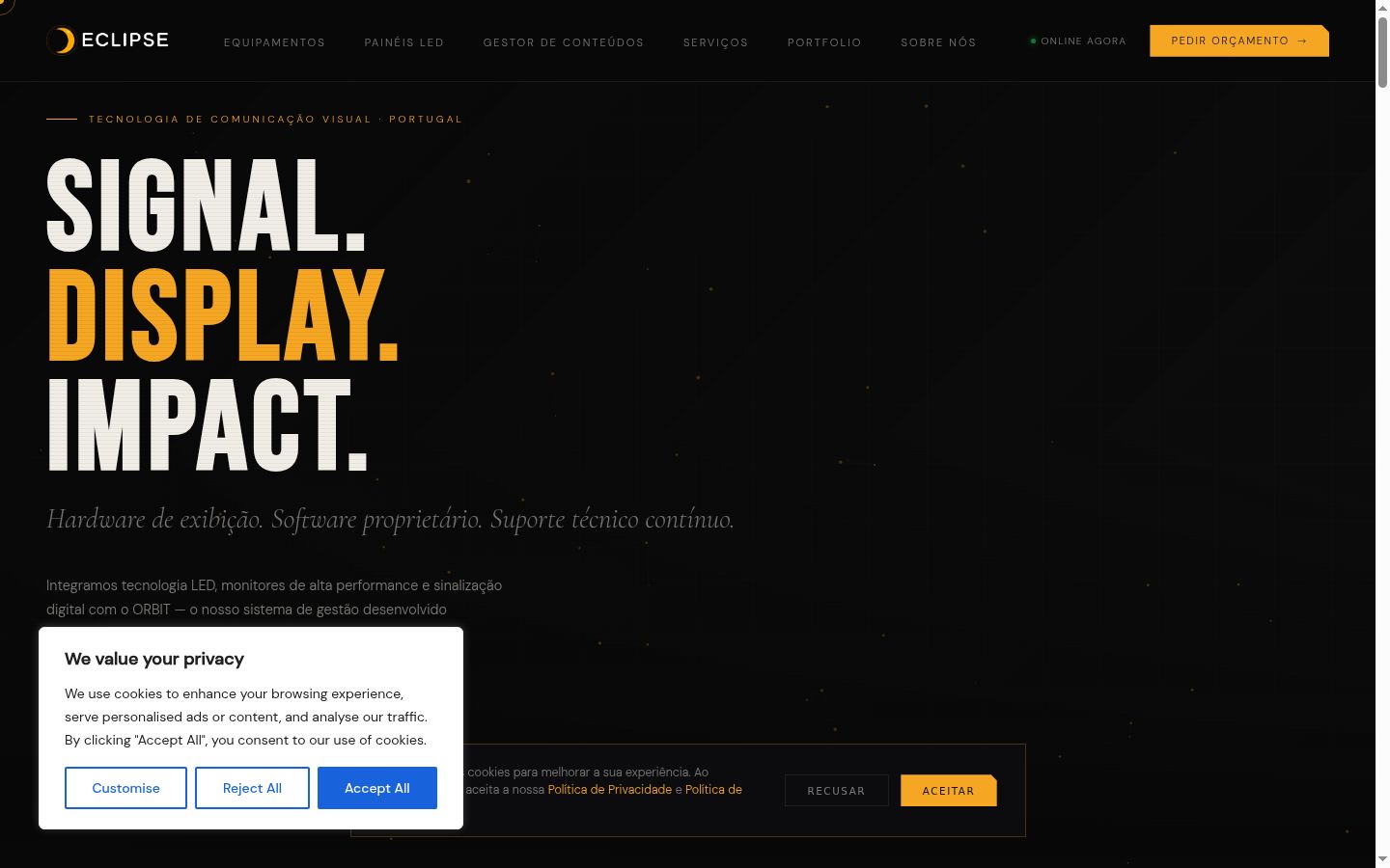 Captura de ecrã do banner de consentimento apresentado antes de qualquer interação