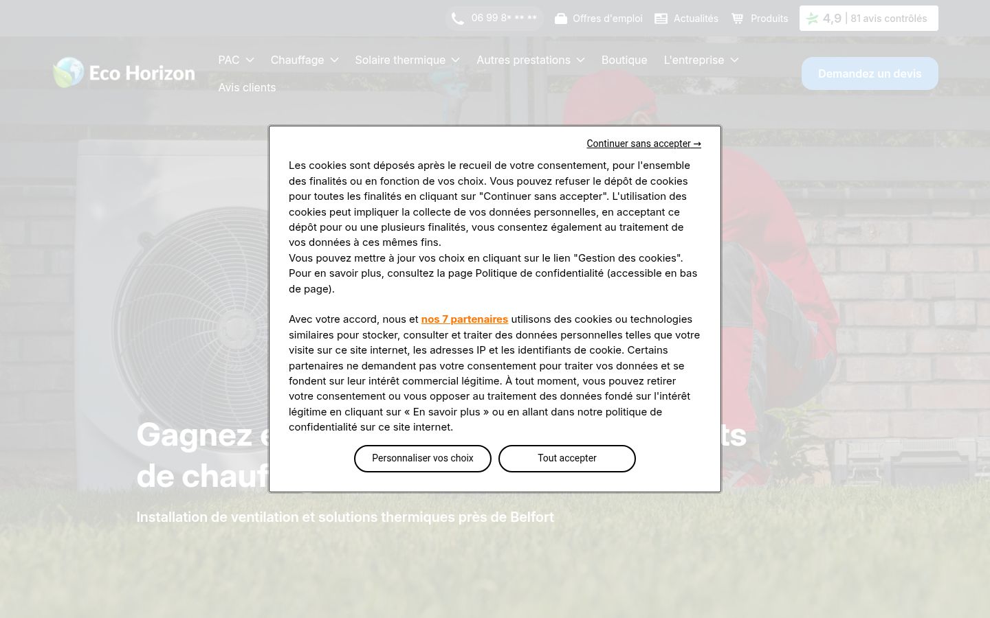 Captura de pantalla del banner de consentimiento mostrado antes de cualquier interacción