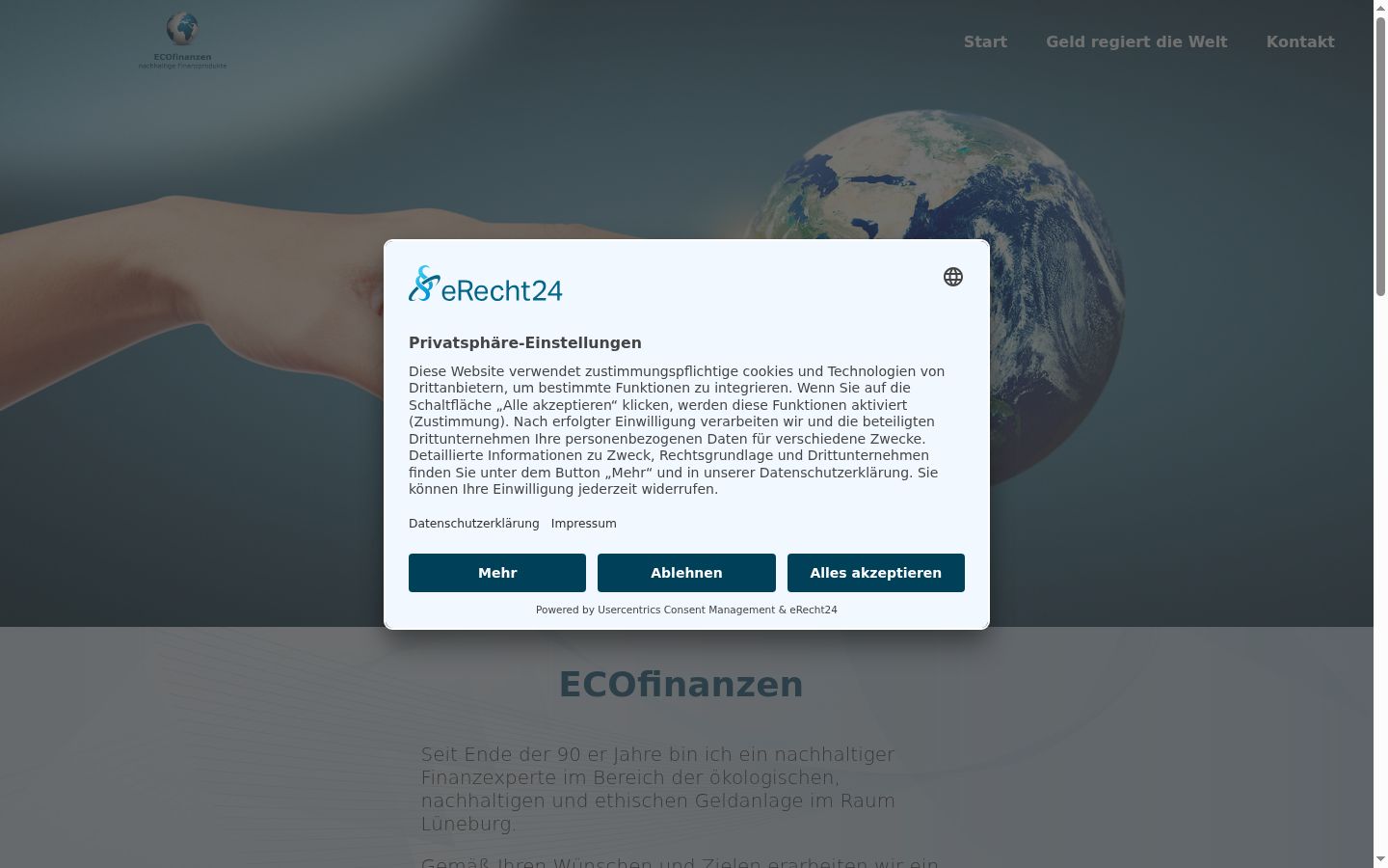 Screenshot des Einwilligungsbanners vor jeglicher Interaktion