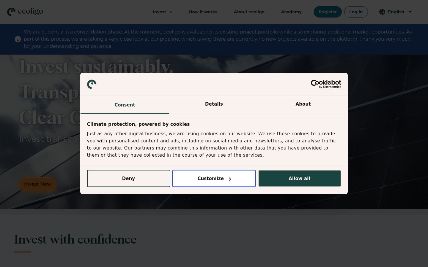 Screenshot del banner di consenso mostrato prima di qualsiasi interazione