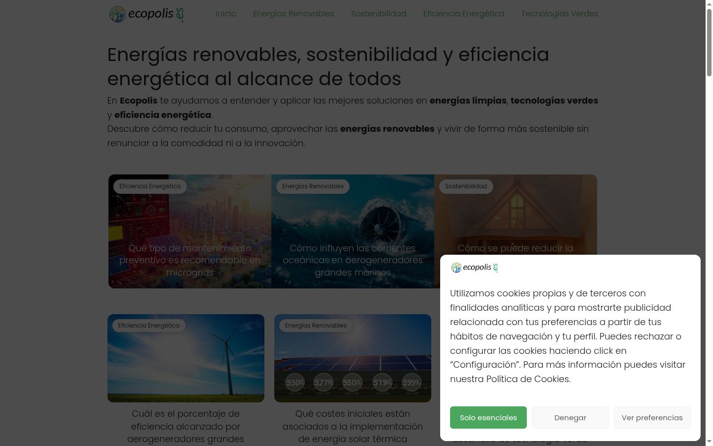 Captura de pantalla del banner de consentimiento mostrado antes de cualquier interacción