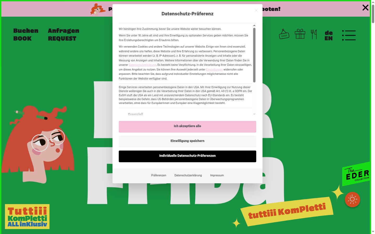 Screenshot del banner di consenso mostrato prima di qualsiasi interazione