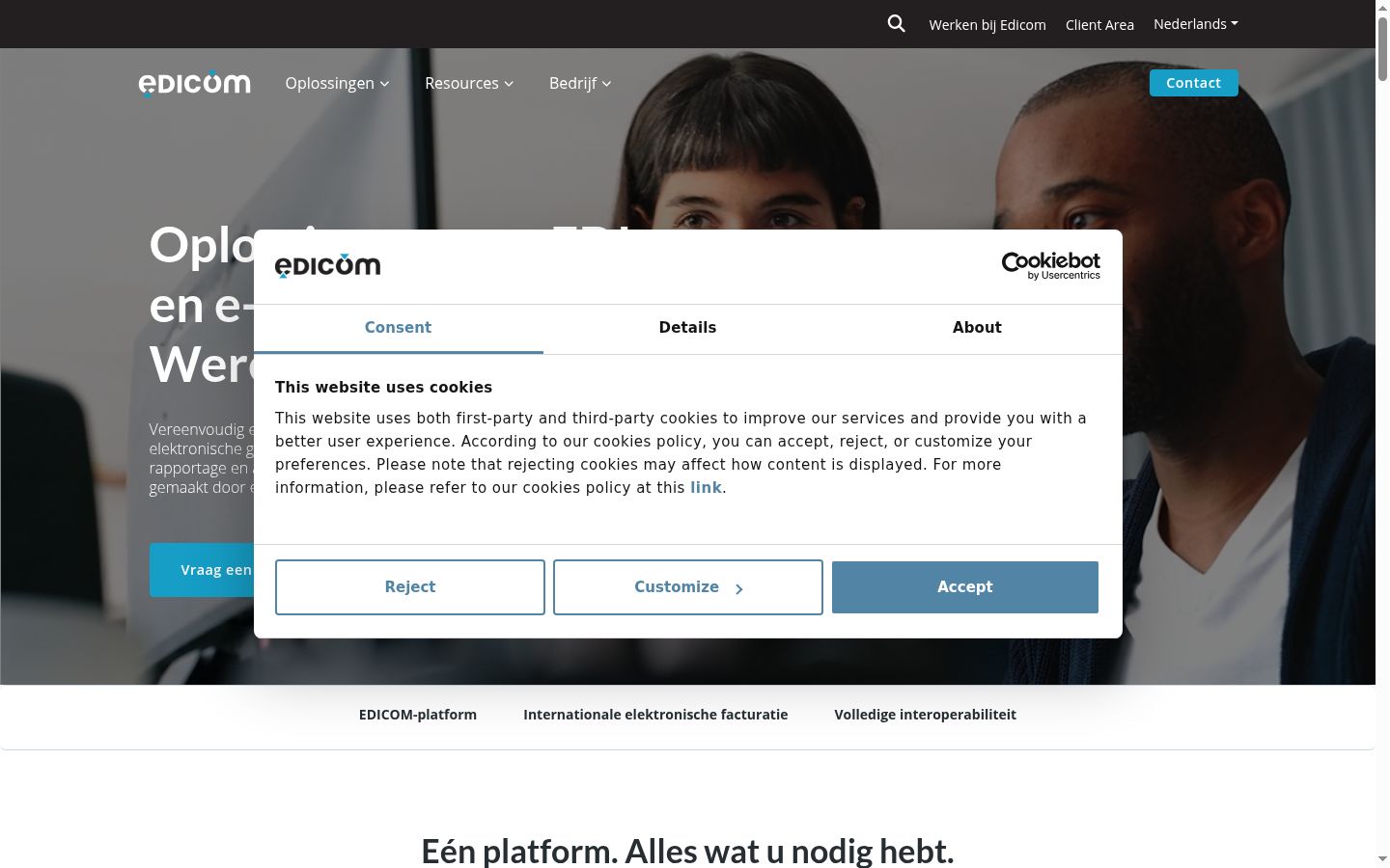 Screenshot van de toestemmingsbanner zoals getoond vóór enige interactie