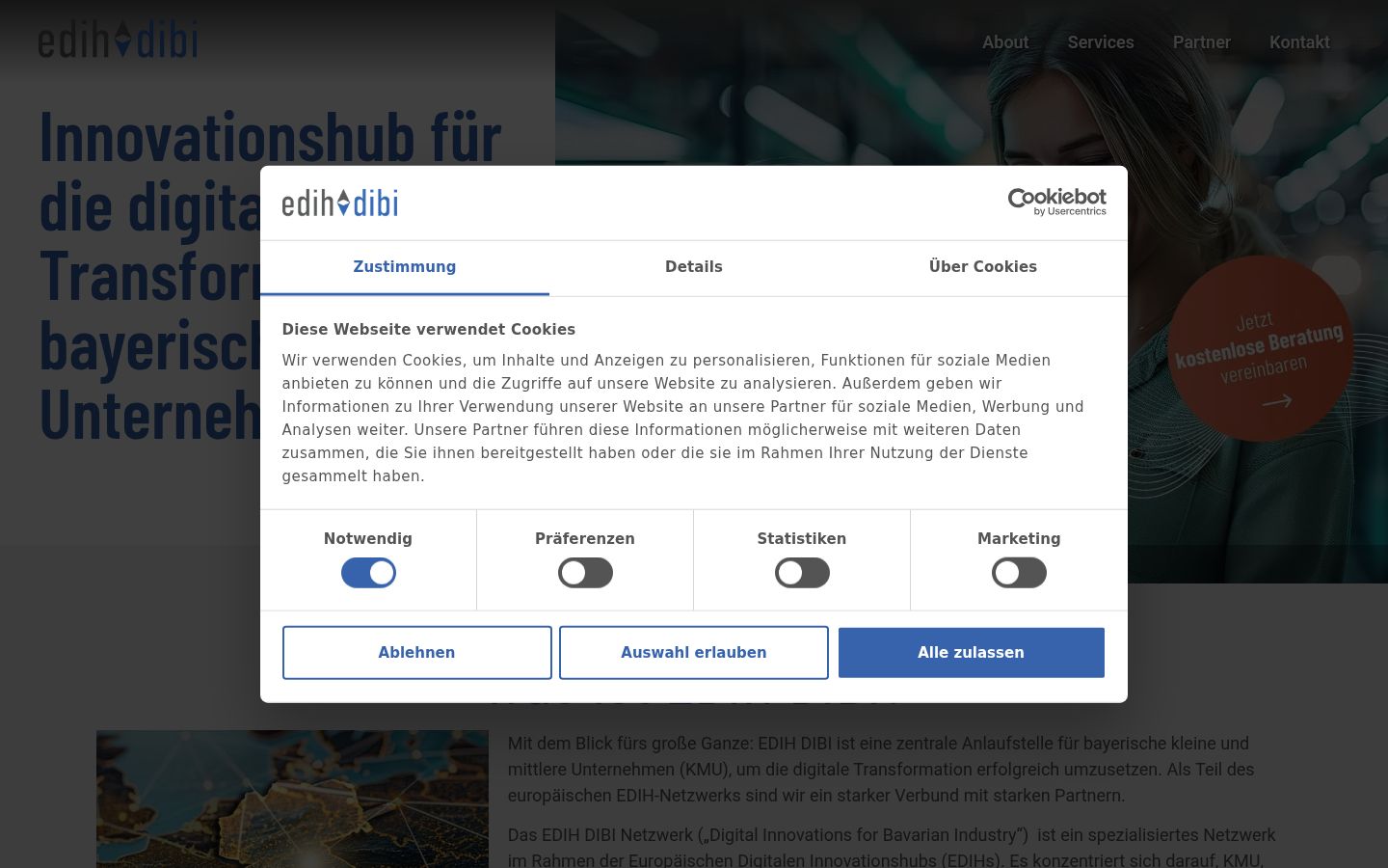 Screenshot des Einwilligungsbanners vor jeglicher Interaktion