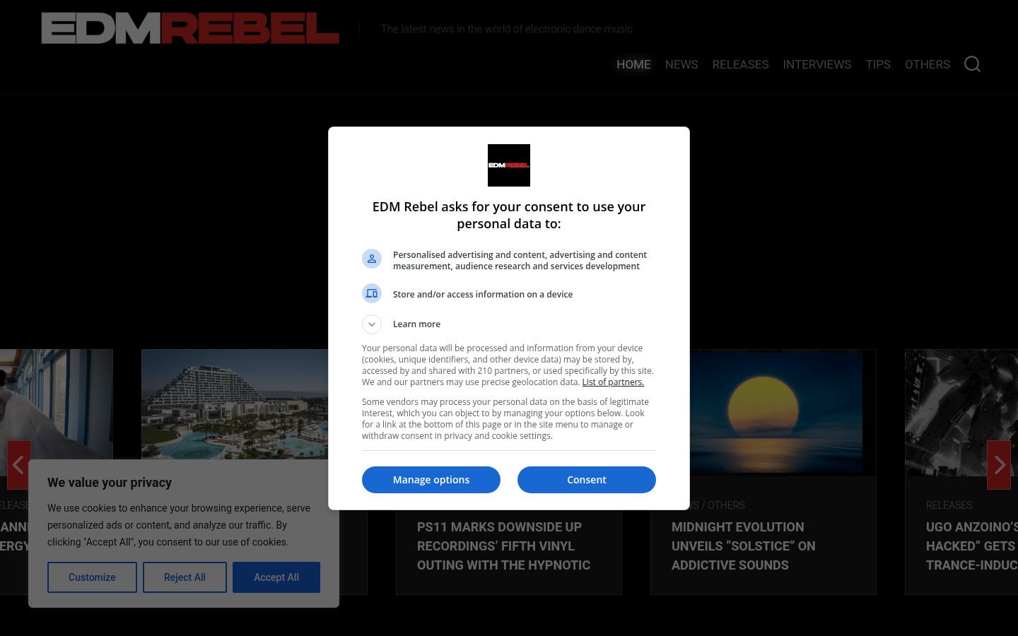 Screenshot des Einwilligungsbanners vor jeglicher Interaktion