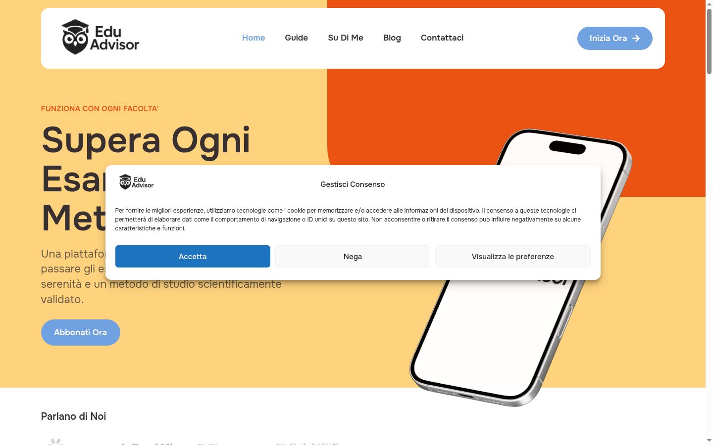 Screenshot del banner di consenso mostrato prima di qualsiasi interazione