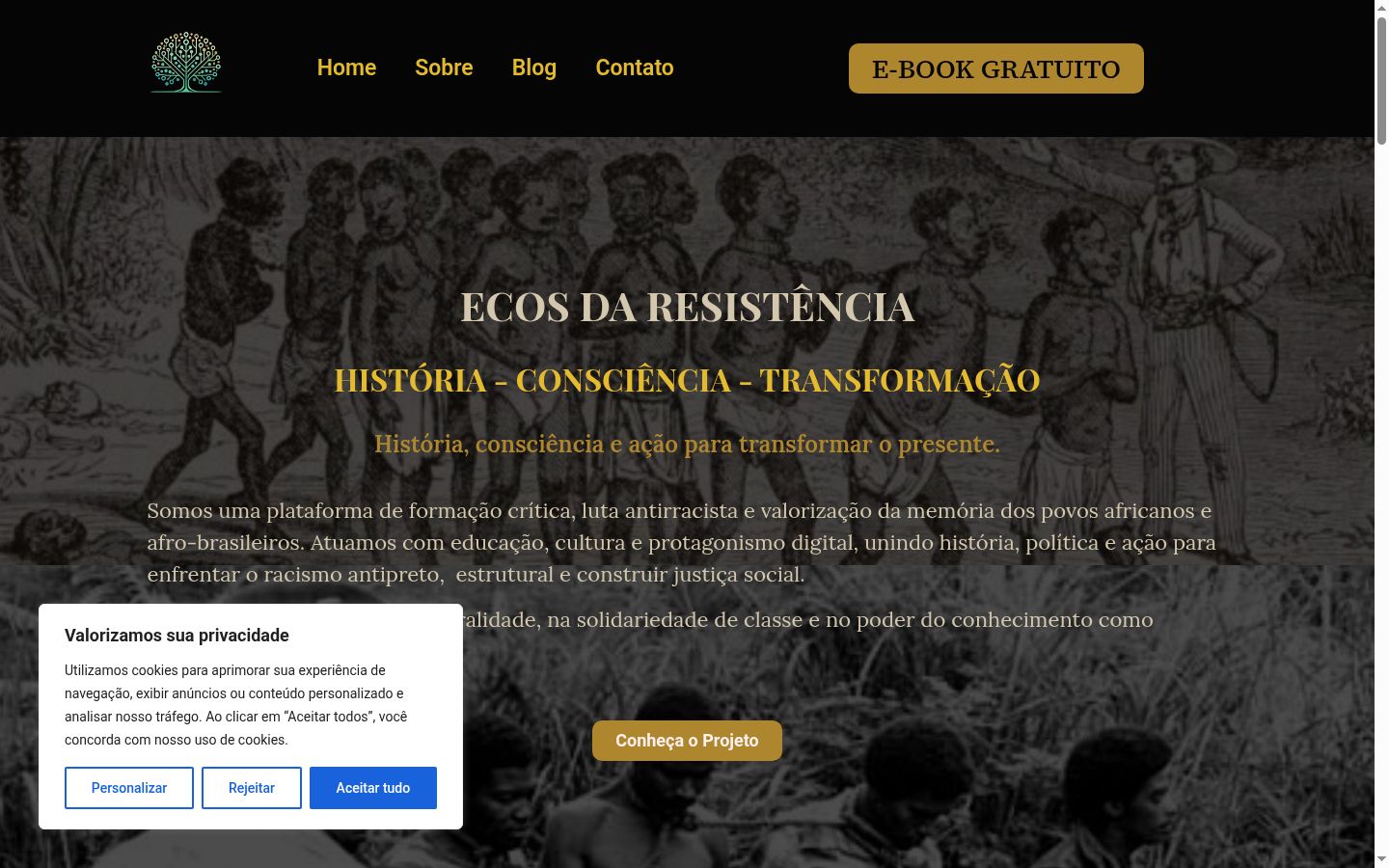Captura de ecrã do banner de consentimento apresentado antes de qualquer interação