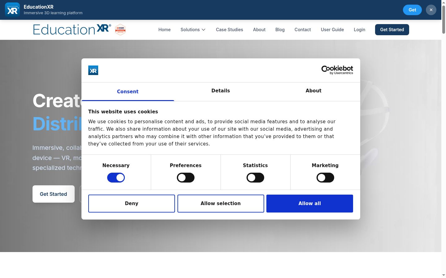 Screenshot del banner di consenso mostrato prima di qualsiasi interazione