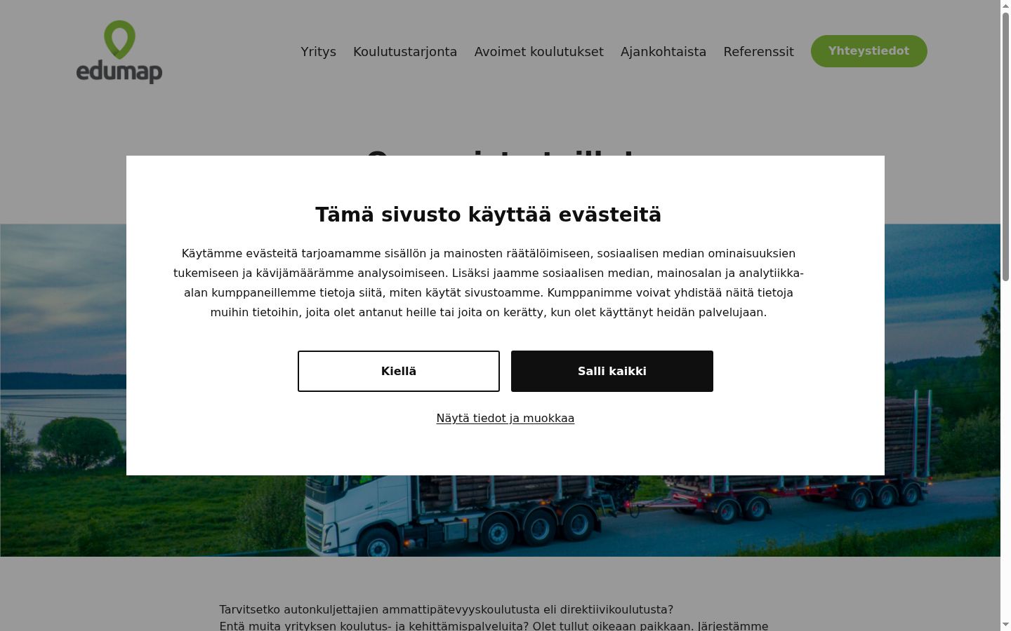 Kuvakaappaus suostumusbannerista, joka näytettiin ennen mitään vuorovaikutusta