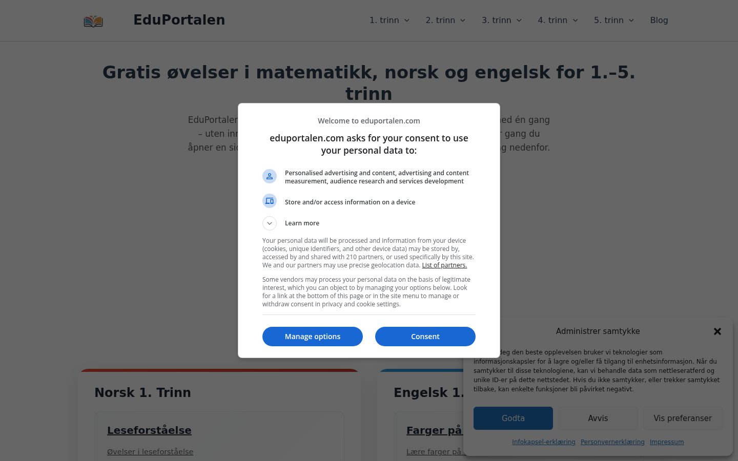 Snimka zaslona bannera za privolu prikazanog prije bilo kakve interakcije