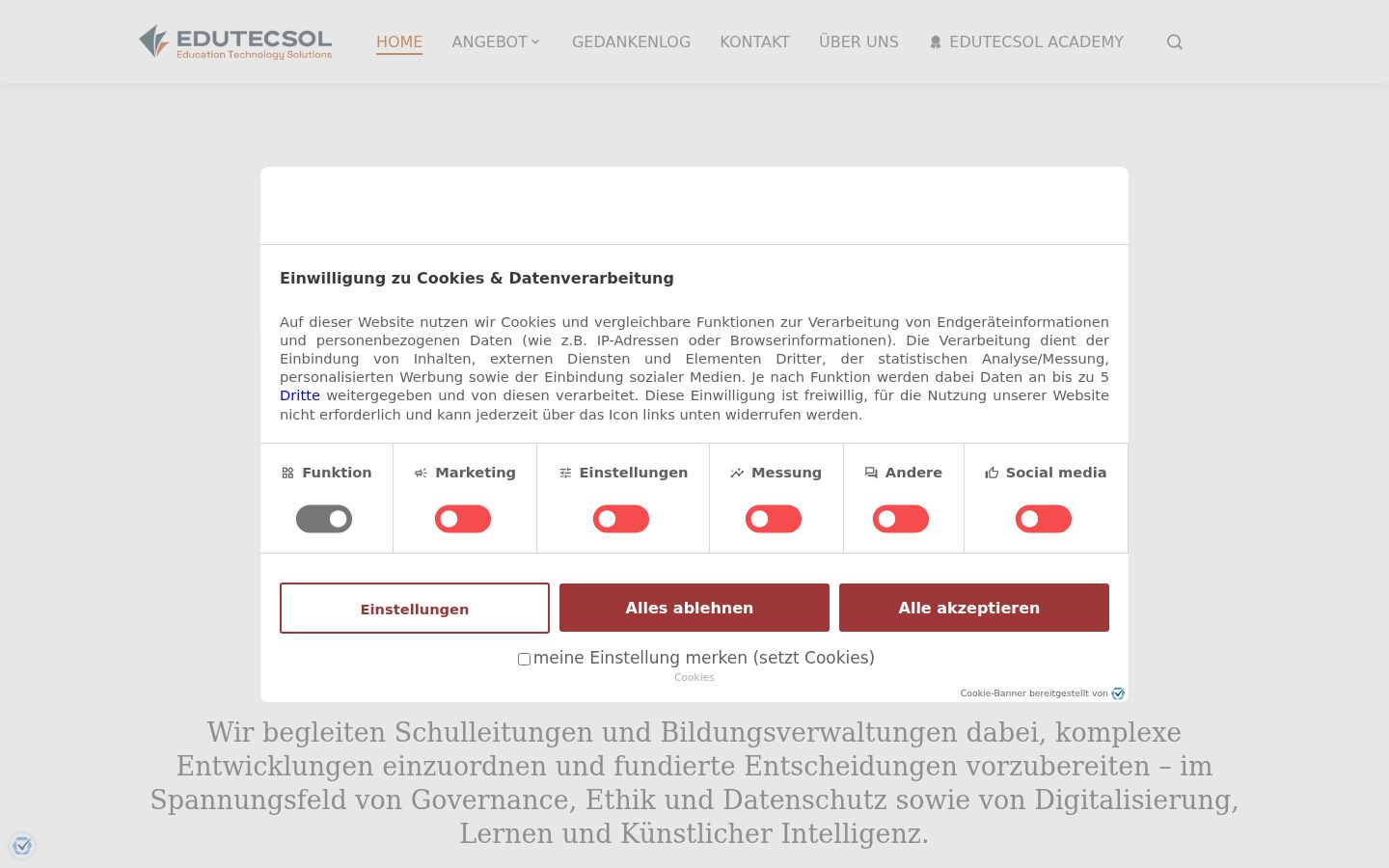 Screenshot des Einwilligungsbanners vor jeglicher Interaktion