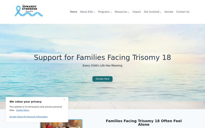 Captura de ecrã de edwardssyndrome.org