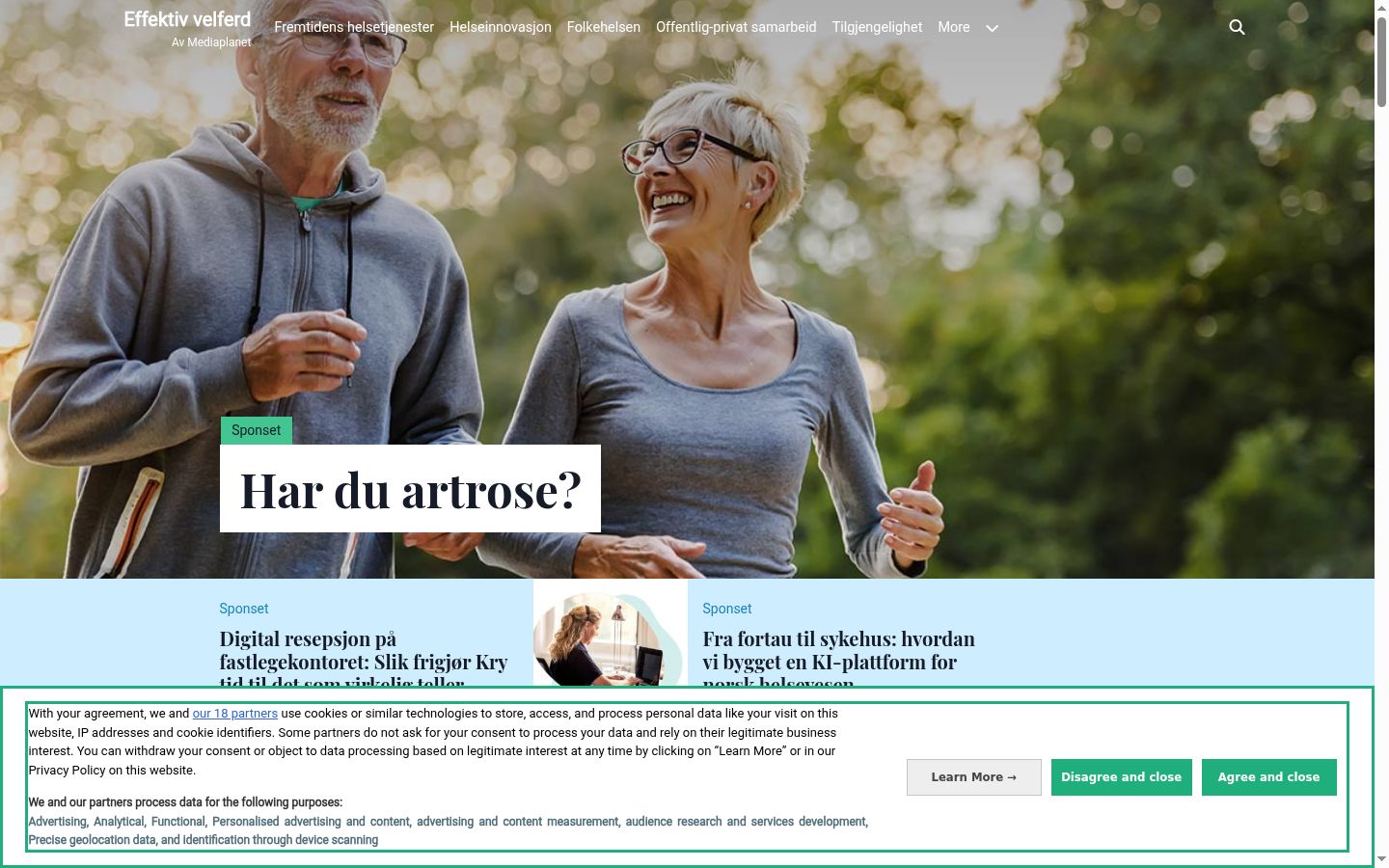Skærmbillede af samtykkebanneret, som det blev vist før nogen interaktion