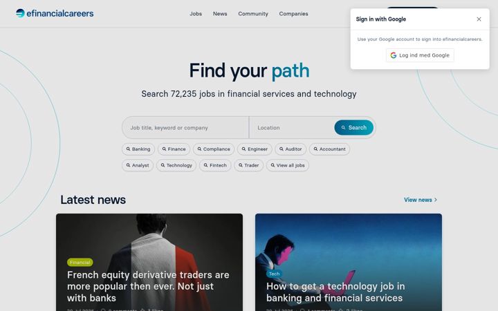 Screenshot of efinancialcareers.co.uk